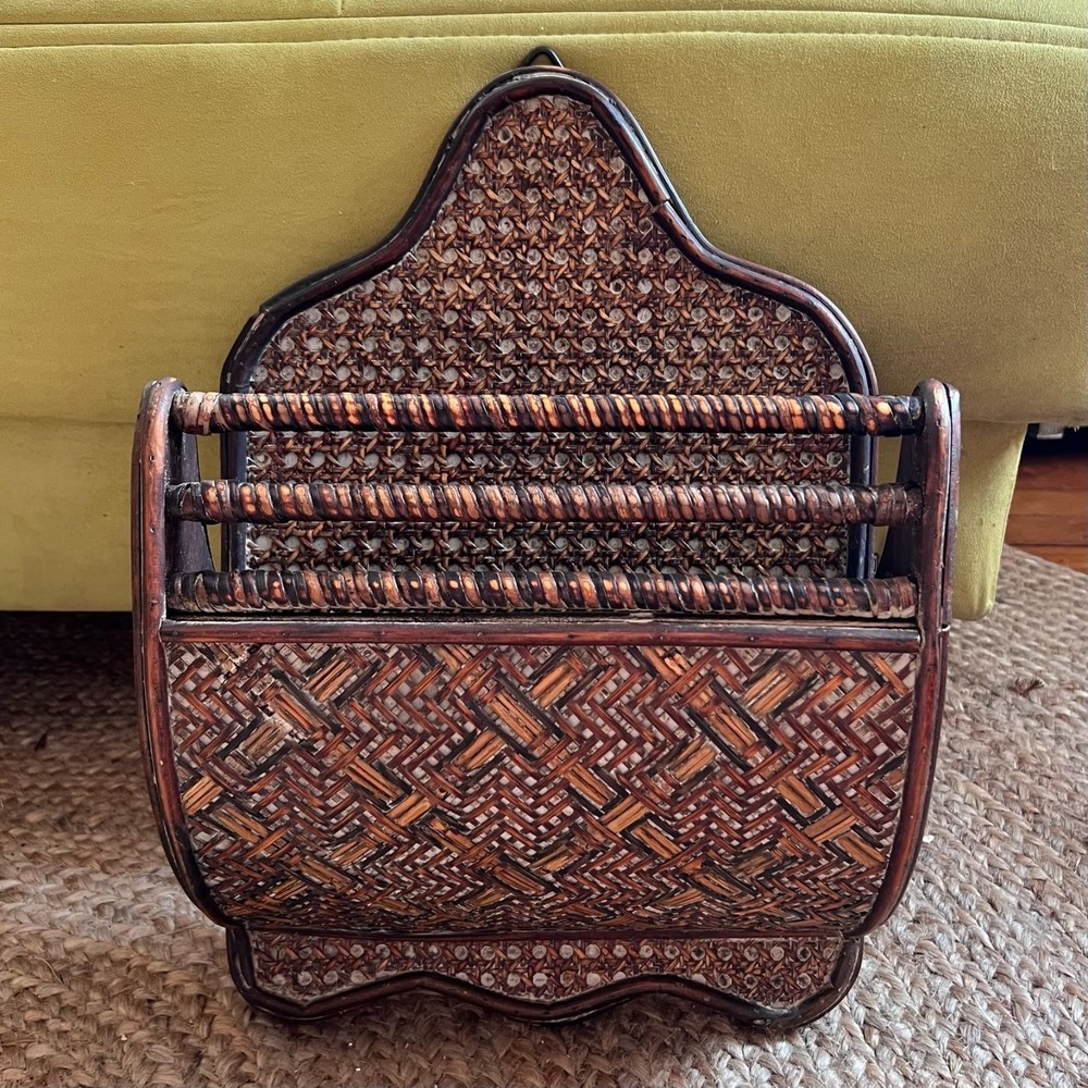 Vintage solid wood wicker & ratan wall hang organizer decor mail/letter holder